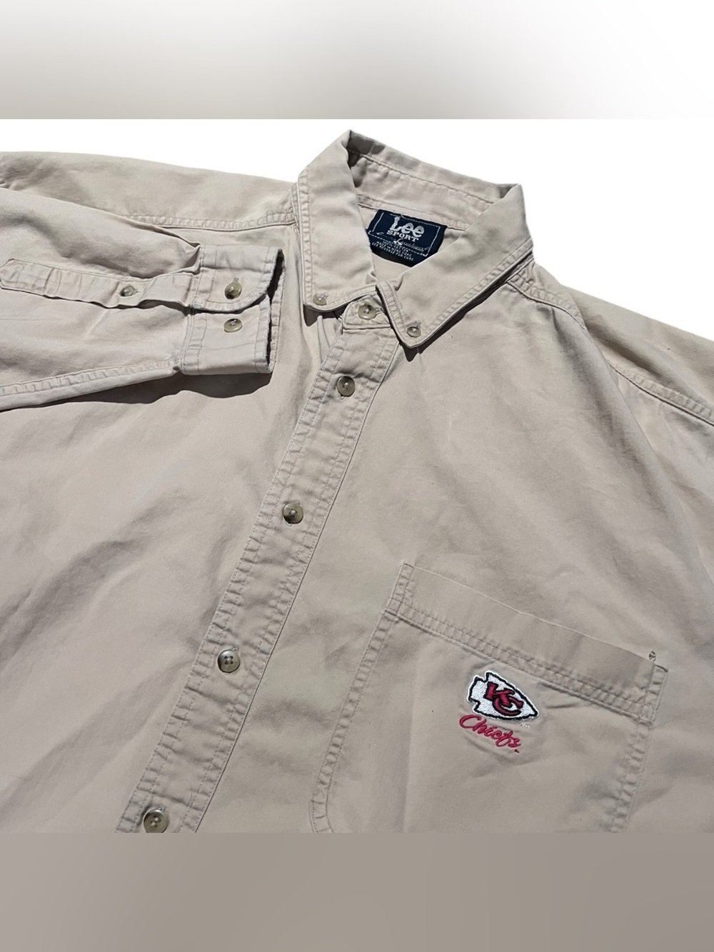 Vintage 90s Lee Sport Kansas City Chiefs Mens Size L Button Up Khaki/Beige Shirt